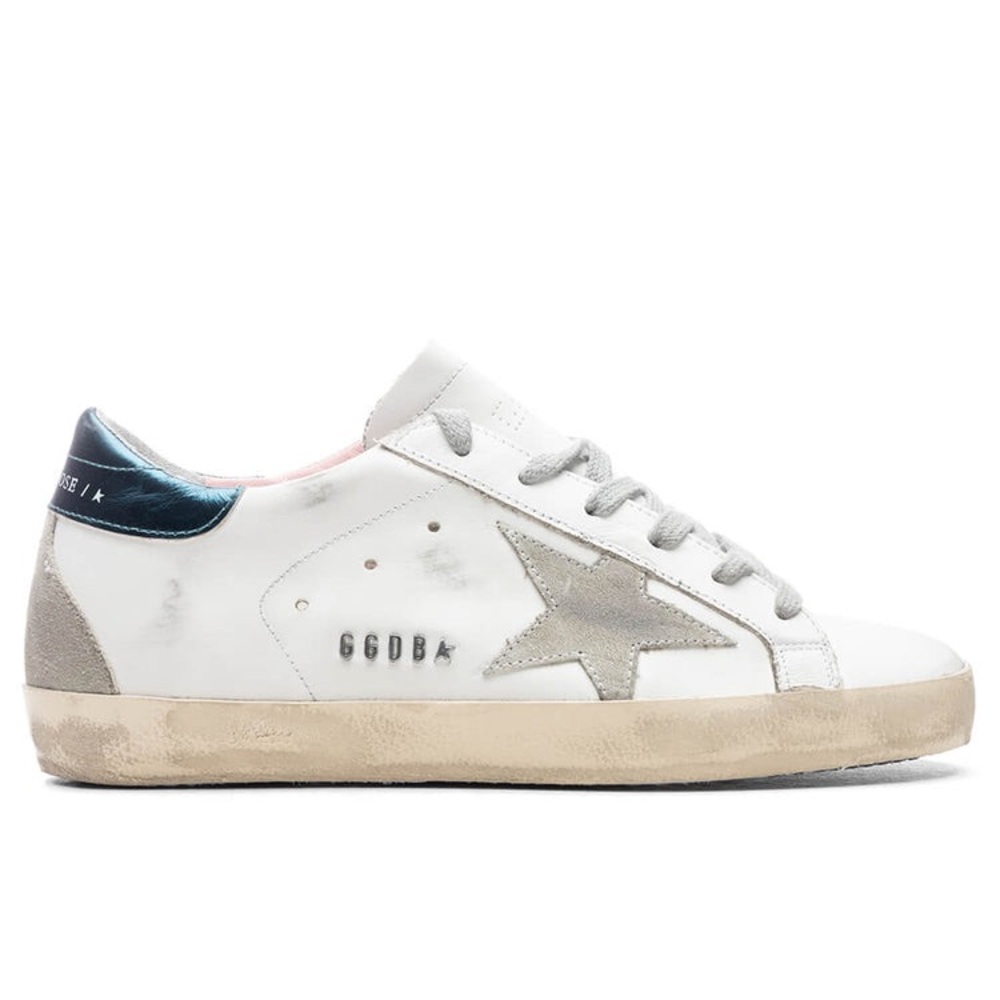Golden Goose Super-Star Sneaker with Gray Suede Star in White/Ice/Petroleum